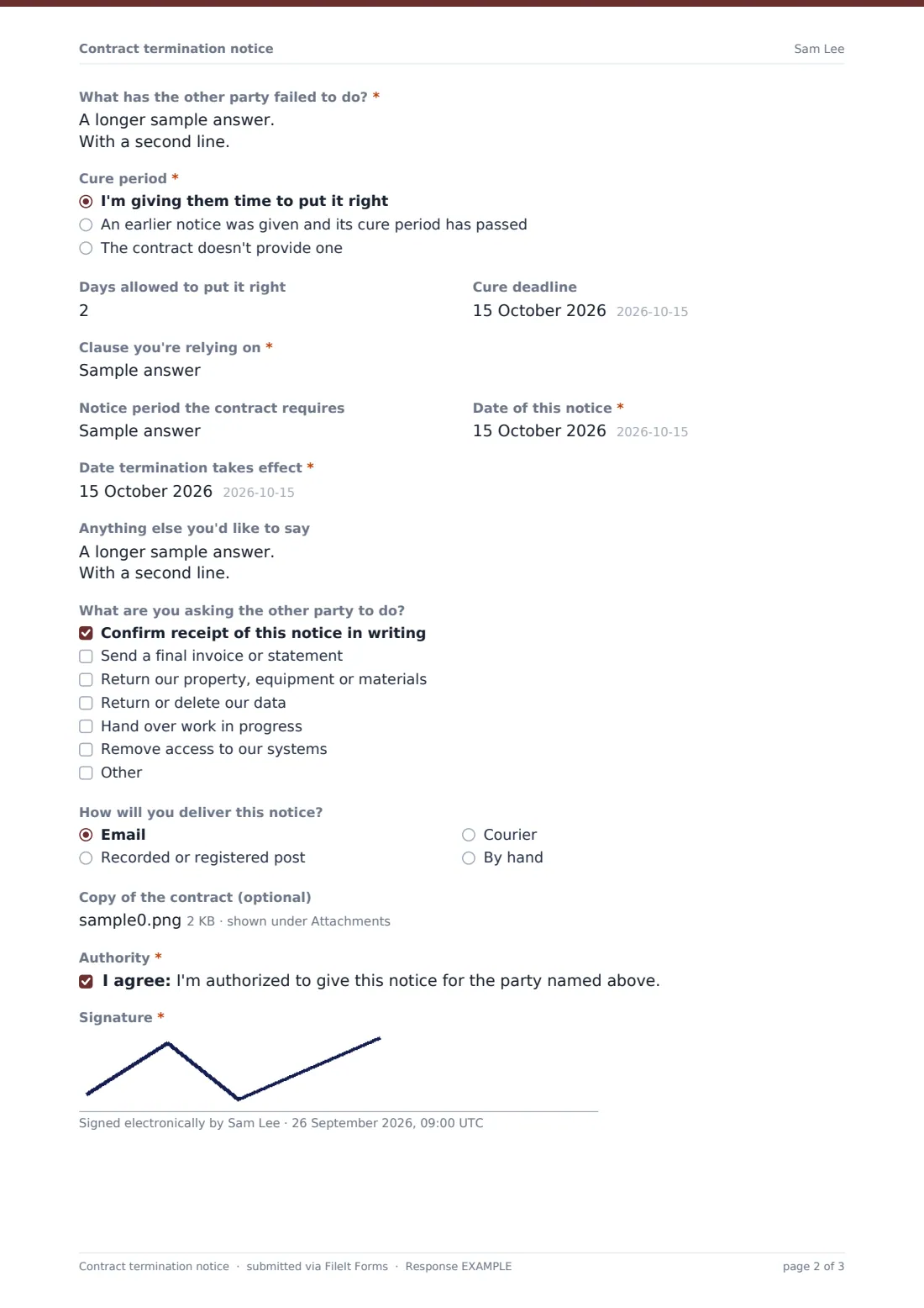 Contract termination notice — example response PDF, page 2 of 3