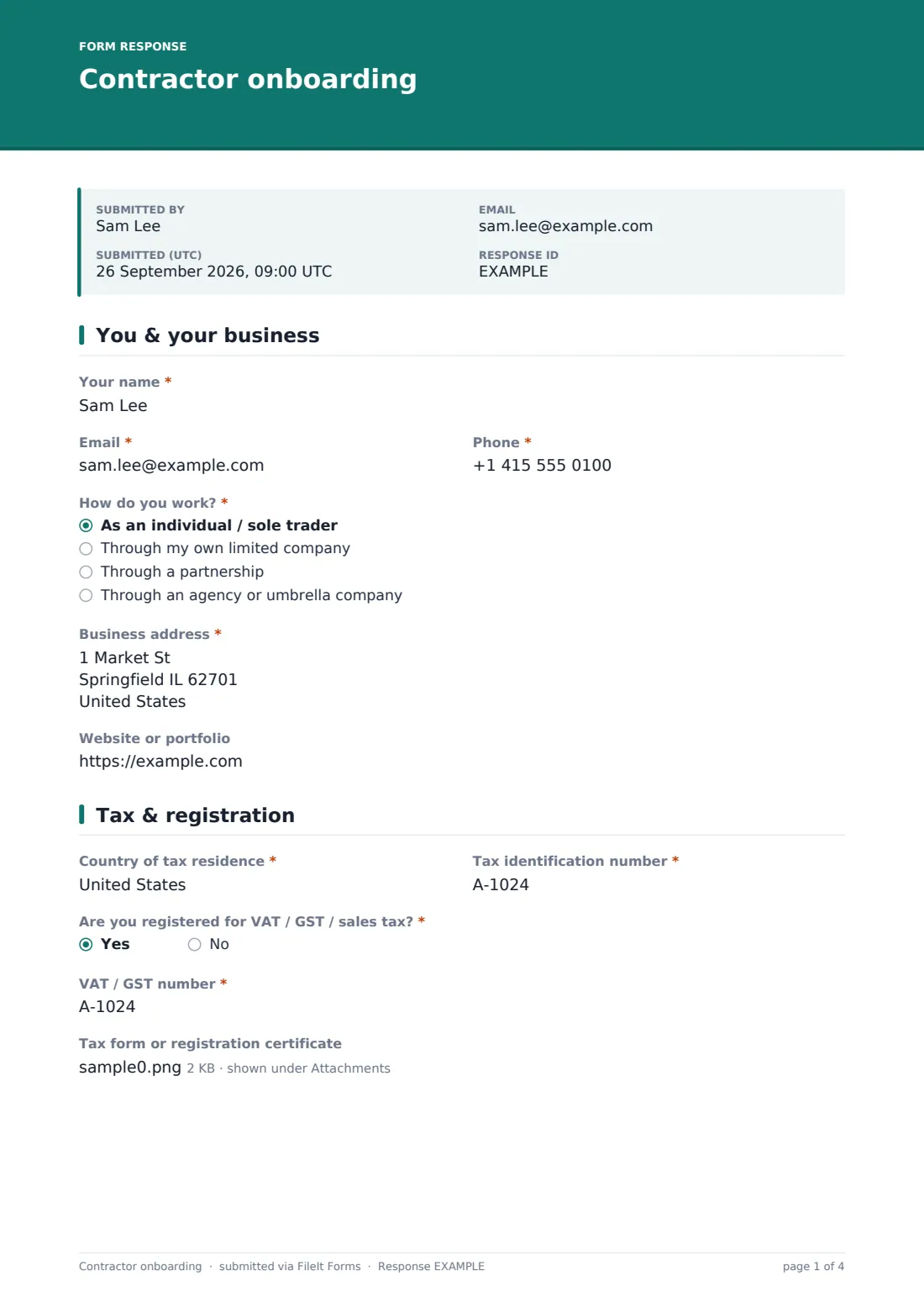 Contractor onboarding — example response PDF, page 1 of 4