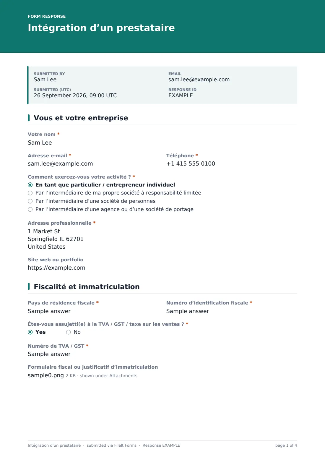 Intégration d’un prestataire — exemple de réponse au format PDF, page 1 sur 4