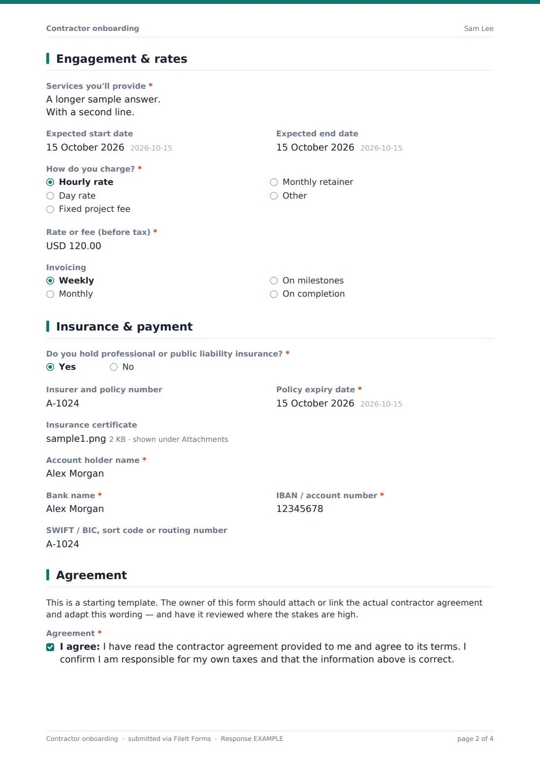 Contractor onboarding — example response PDF, page 2 of 4