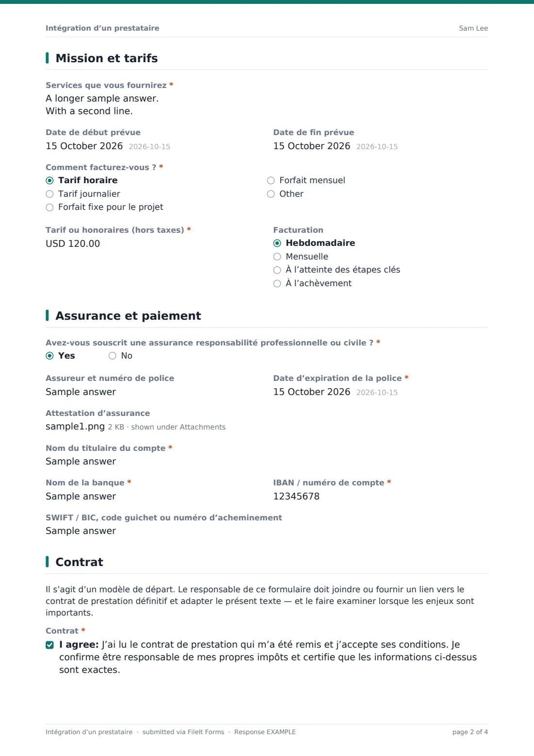 Intégration d’un prestataire — exemple de réponse au format PDF, page 2 sur 4