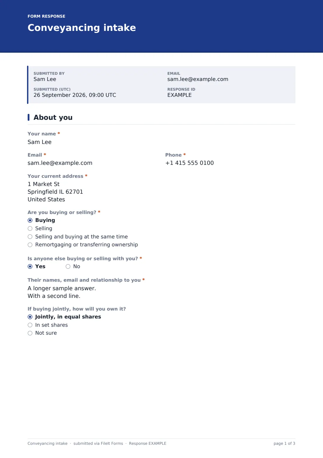 Conveyancing intake — example response PDF, page 1 of 3