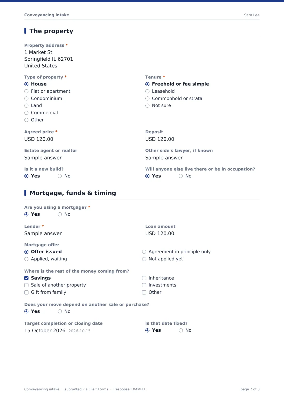 Conveyancing intake — example response PDF, page 2 of 3