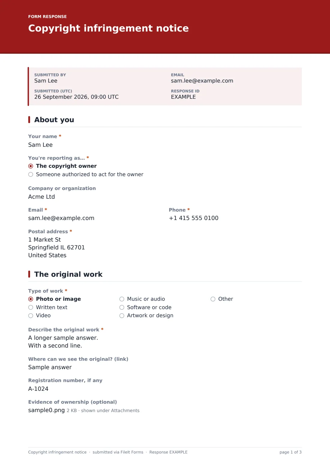 Copyright infringement notice — example response PDF, page 1 of 3