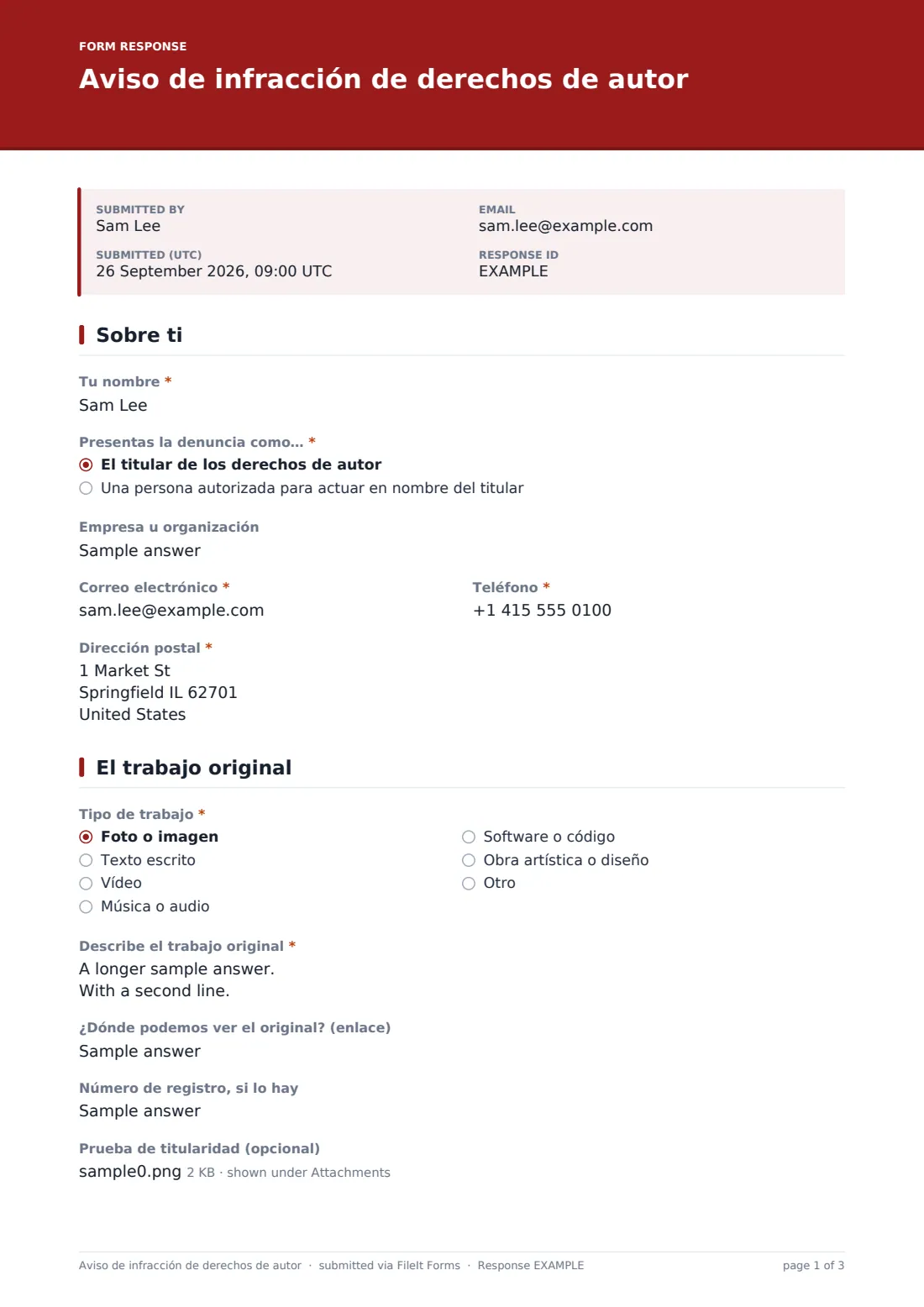 Aviso de infracción de derechos de autor — PDF de respuesta de ejemplo, página 1 de 3