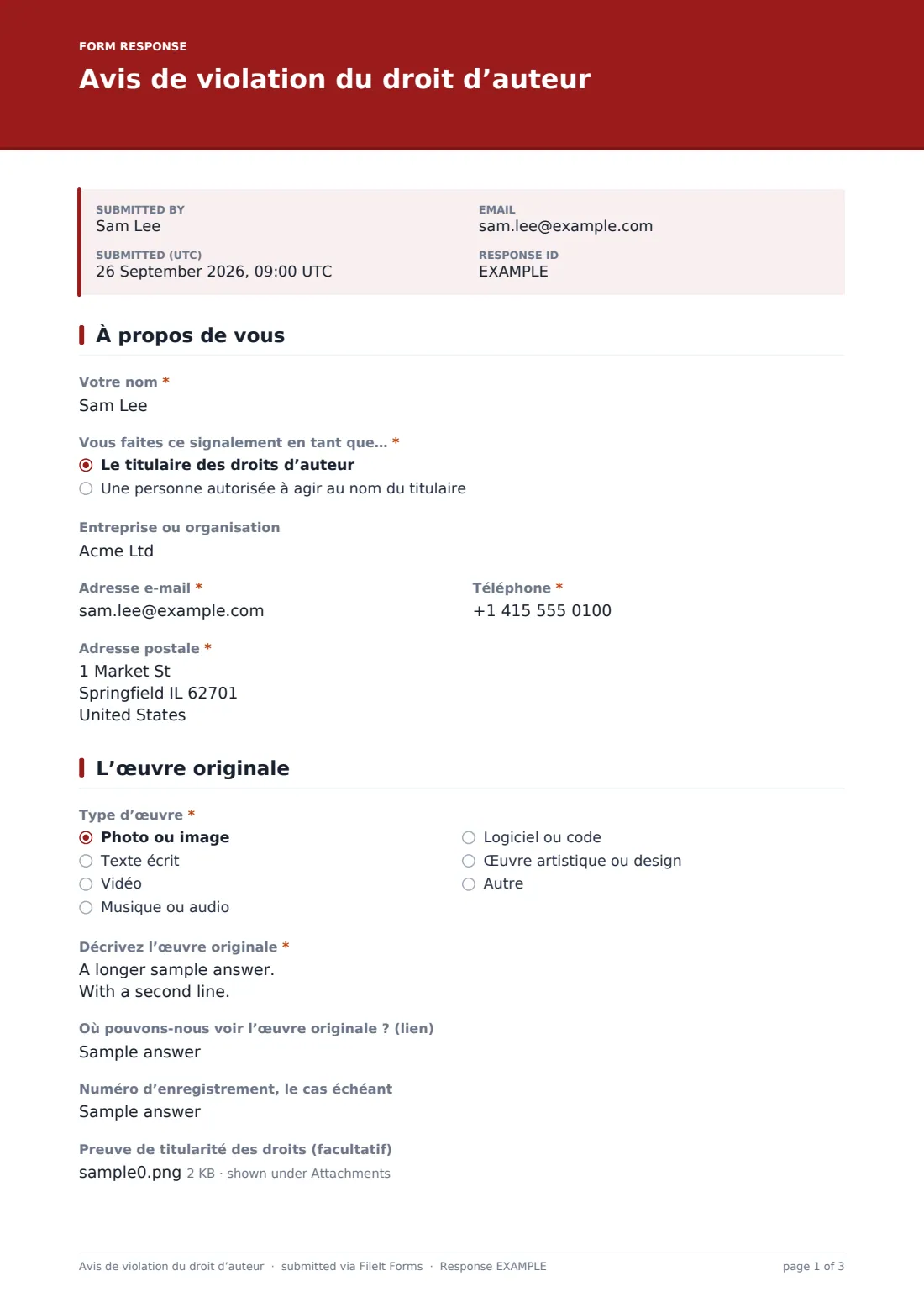 Avis de violation du droit d’auteur — exemple de réponse au format PDF, page 1 sur 3