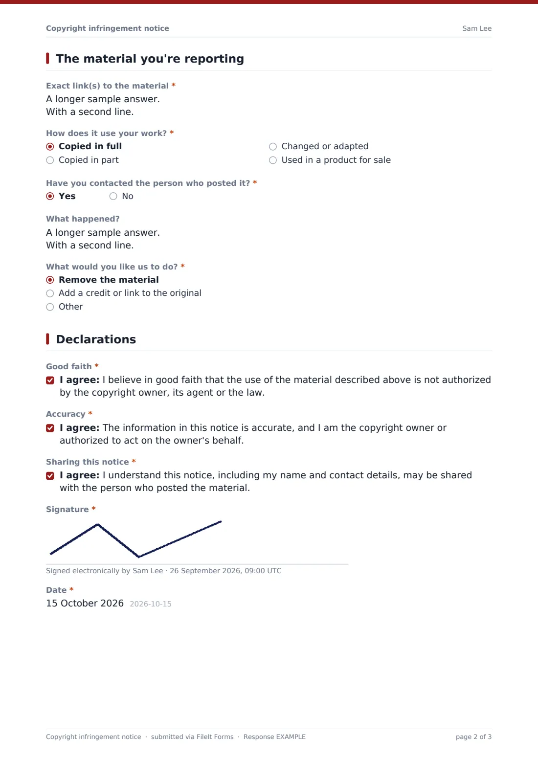 Copyright infringement notice — example response PDF, page 2 of 3