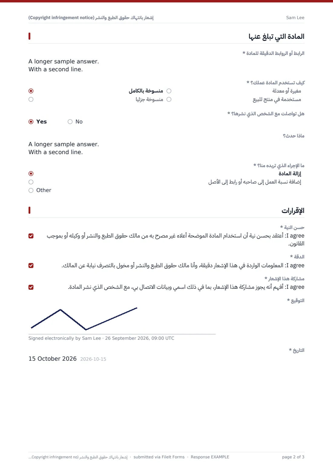 إشعار بانتهاك حقوق الطبع والنشر (Copyright infringement notice) — ملف PDF لرد نموذجي، الصفحة 2 من 3