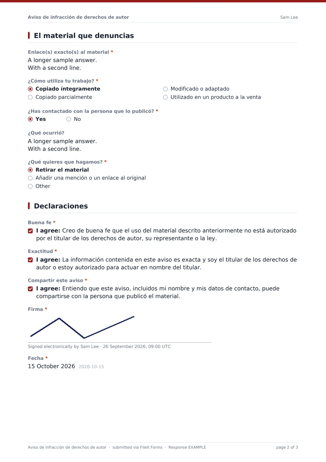 Aviso de infracción de derechos de autor — PDF de respuesta de ejemplo, página 2 de 3