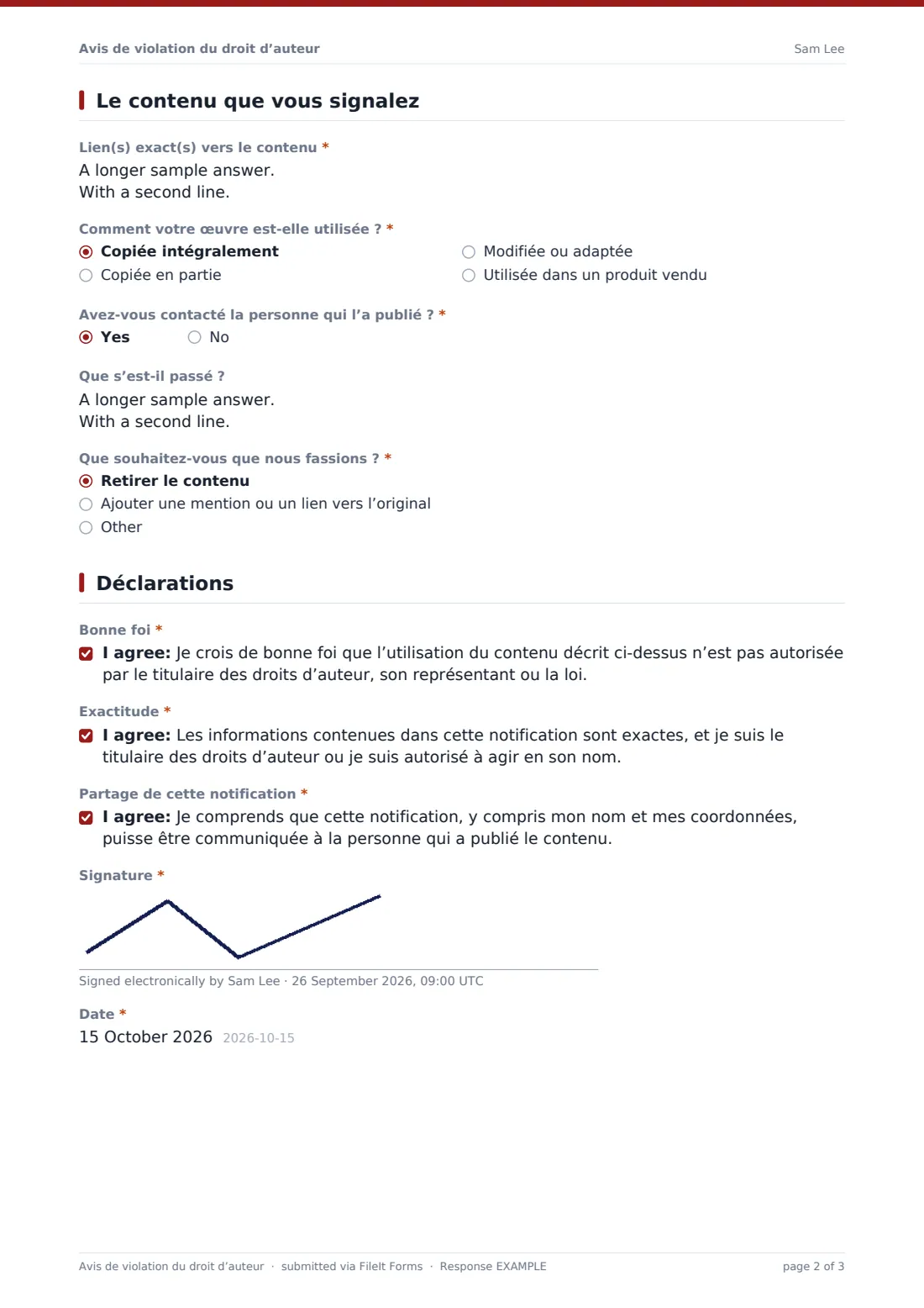 Avis de violation du droit d’auteur — exemple de réponse au format PDF, page 2 sur 3
