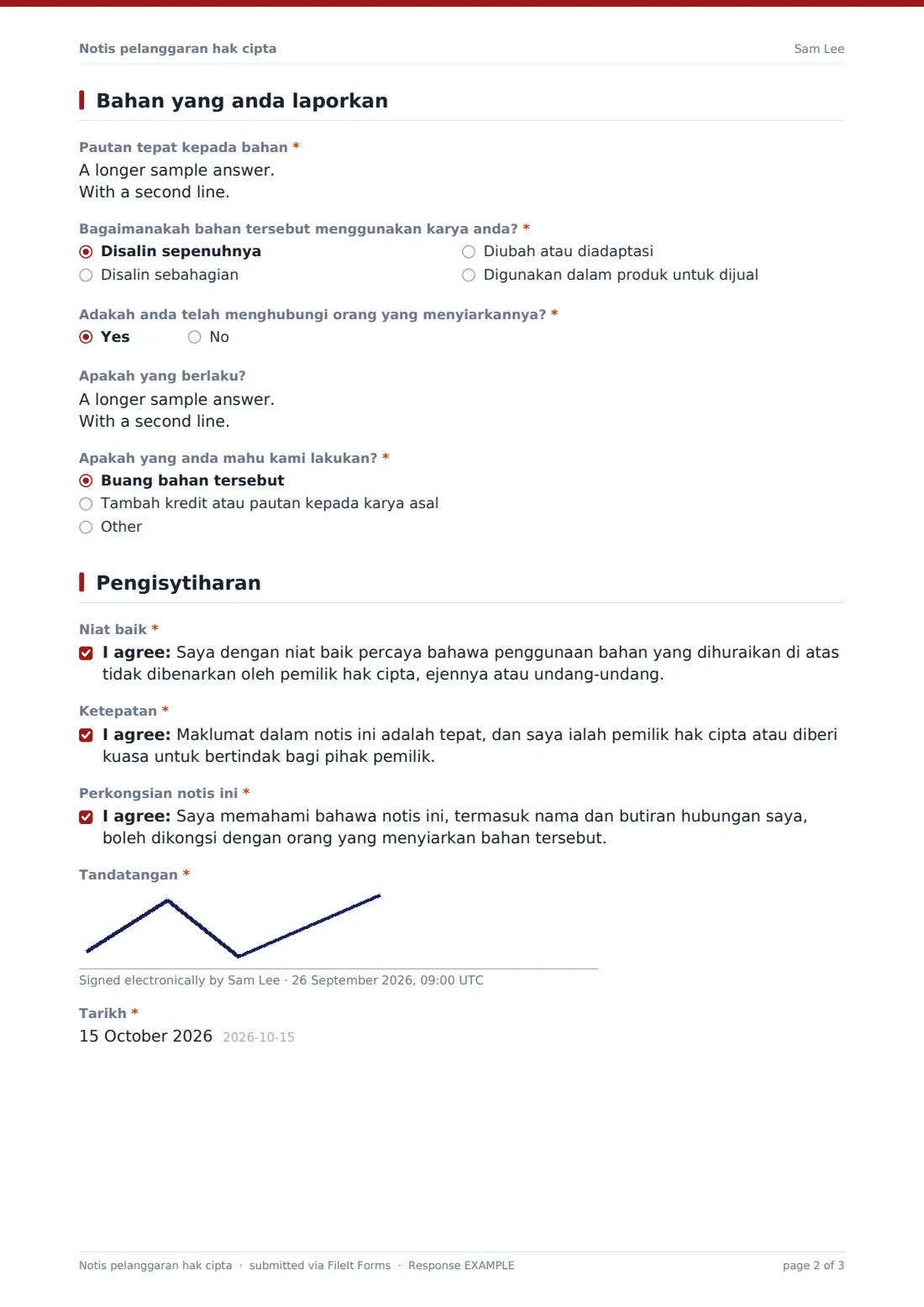 Notis pelanggaran hak cipta — PDF respons contoh, halaman 2 daripada 3