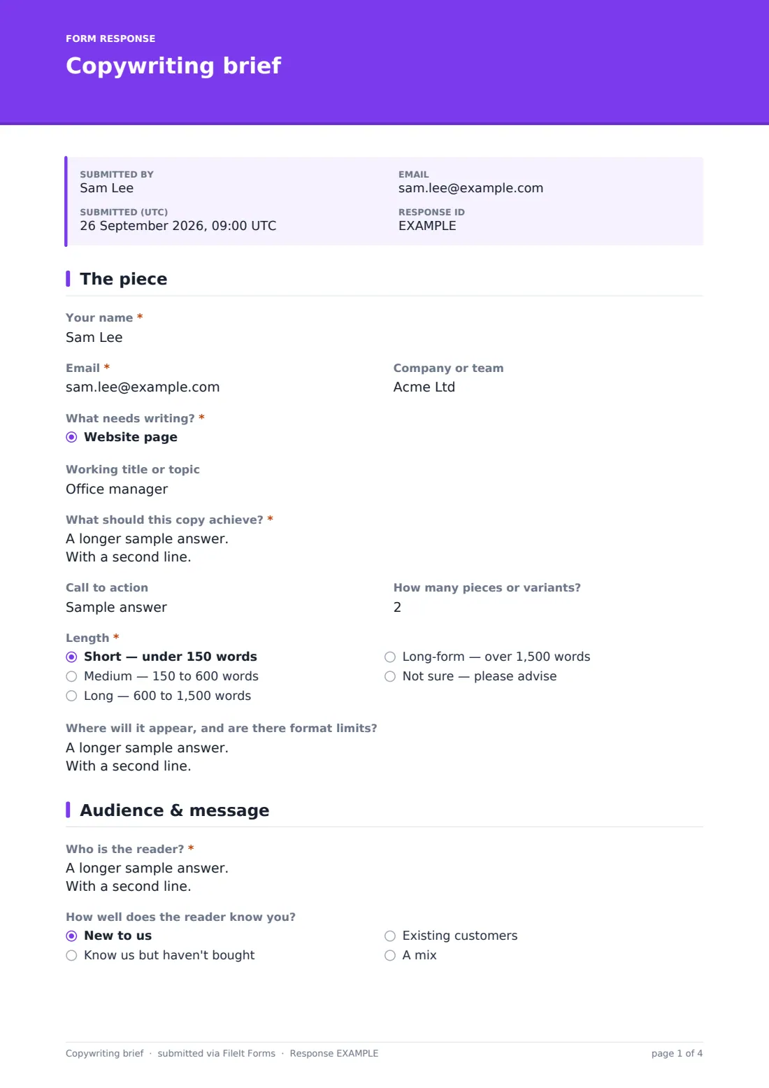 Copywriting brief — example response PDF, page 1 of 4