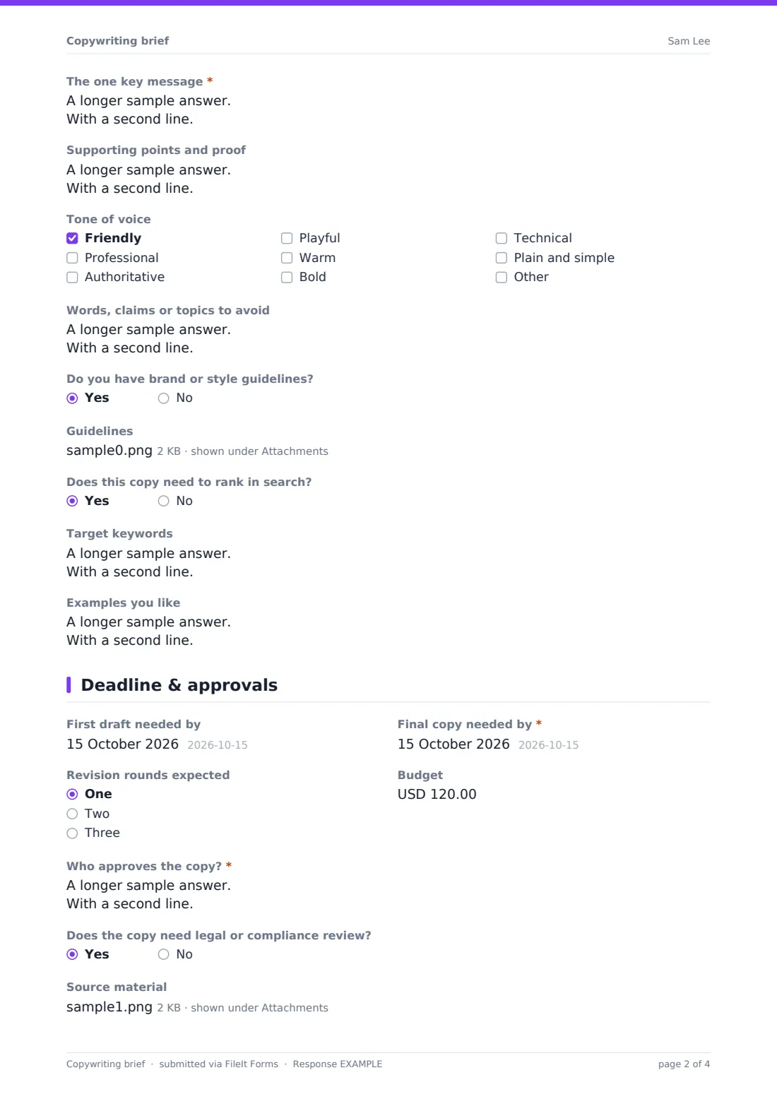 Copywriting brief — example response PDF, page 2 of 4