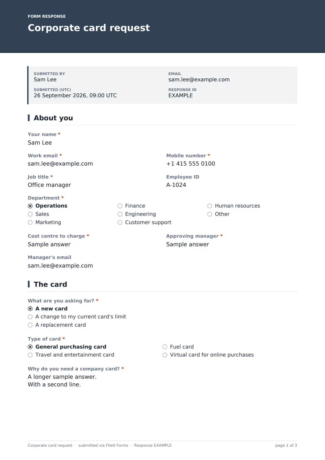 Corporate card request — example response PDF, page 1 of 3