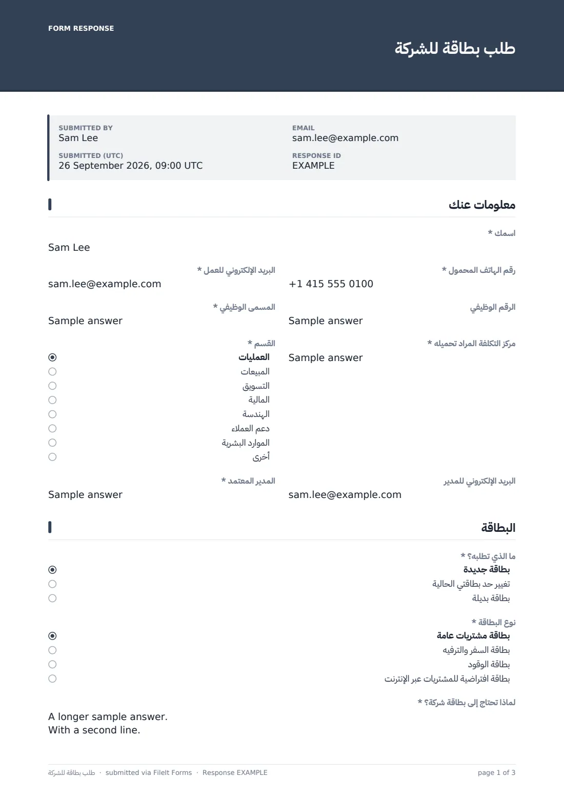 طلب بطاقة للشركة — ملف PDF لرد نموذجي، الصفحة 1 من 3
