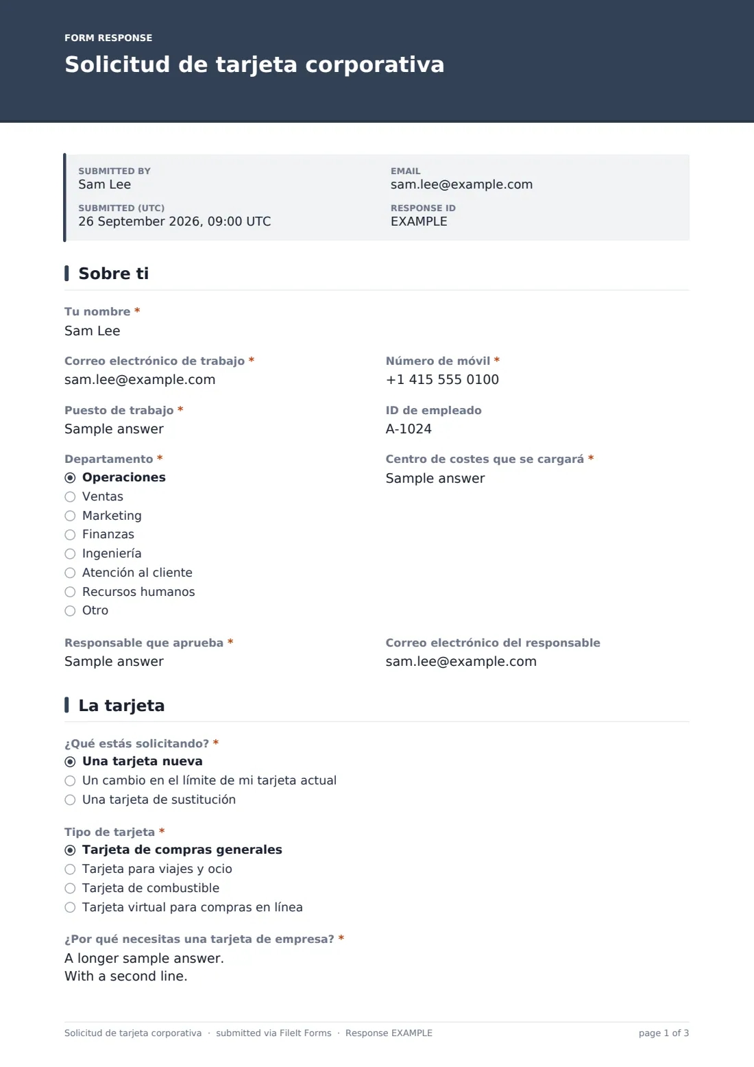 Solicitud de tarjeta corporativa — PDF de respuesta de ejemplo, página 1 de 3