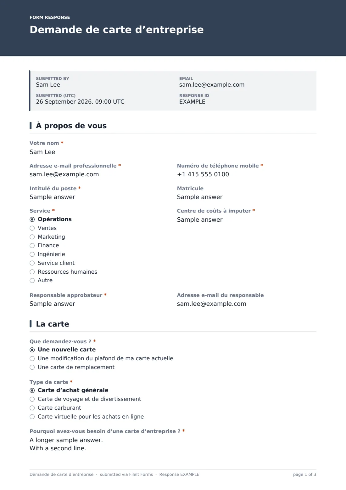 Demande de carte d’entreprise — exemple de réponse au format PDF, page 1 sur 3