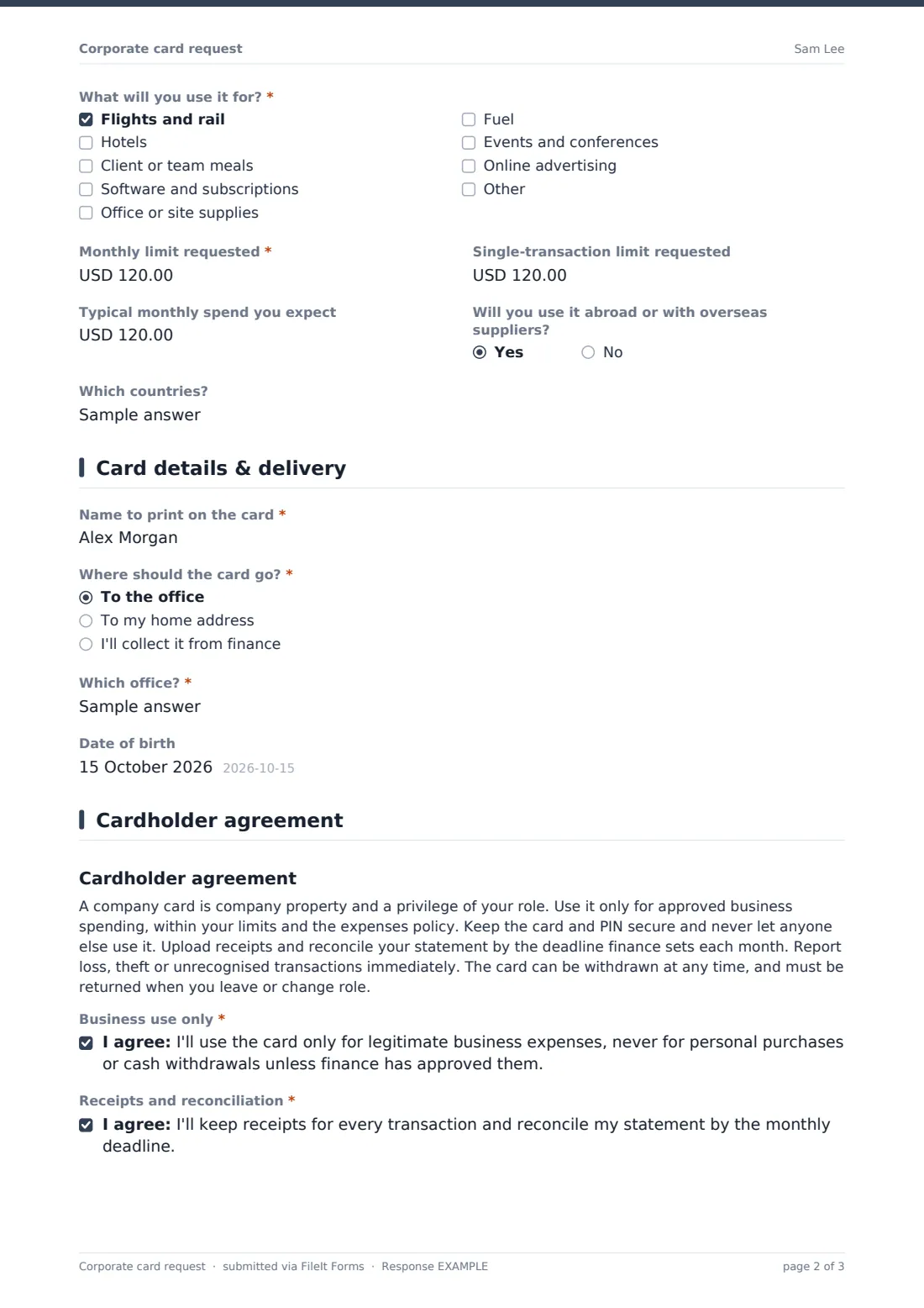 Corporate card request — example response PDF, page 2 of 3