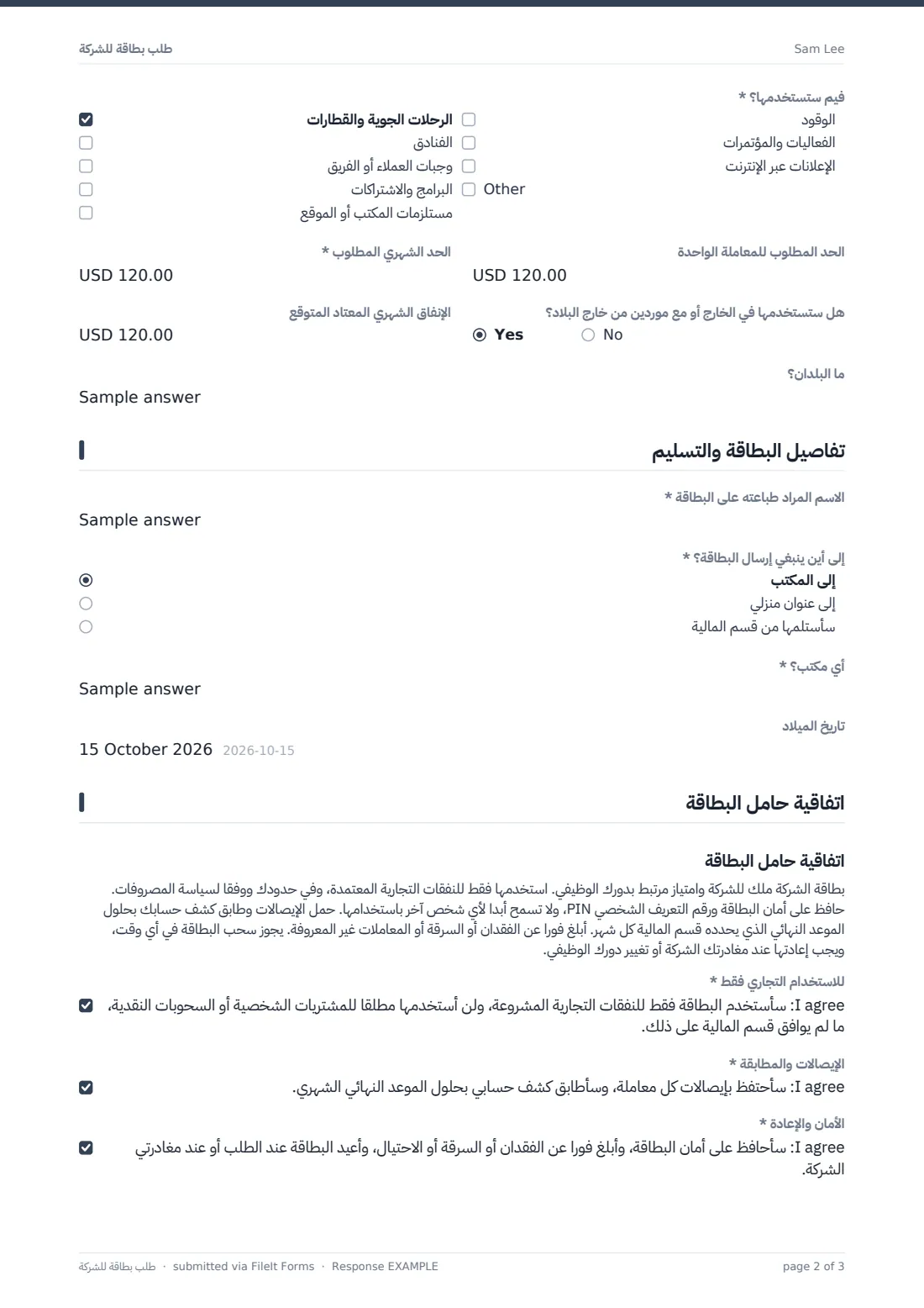 طلب بطاقة للشركة — ملف PDF لرد نموذجي، الصفحة 2 من 3