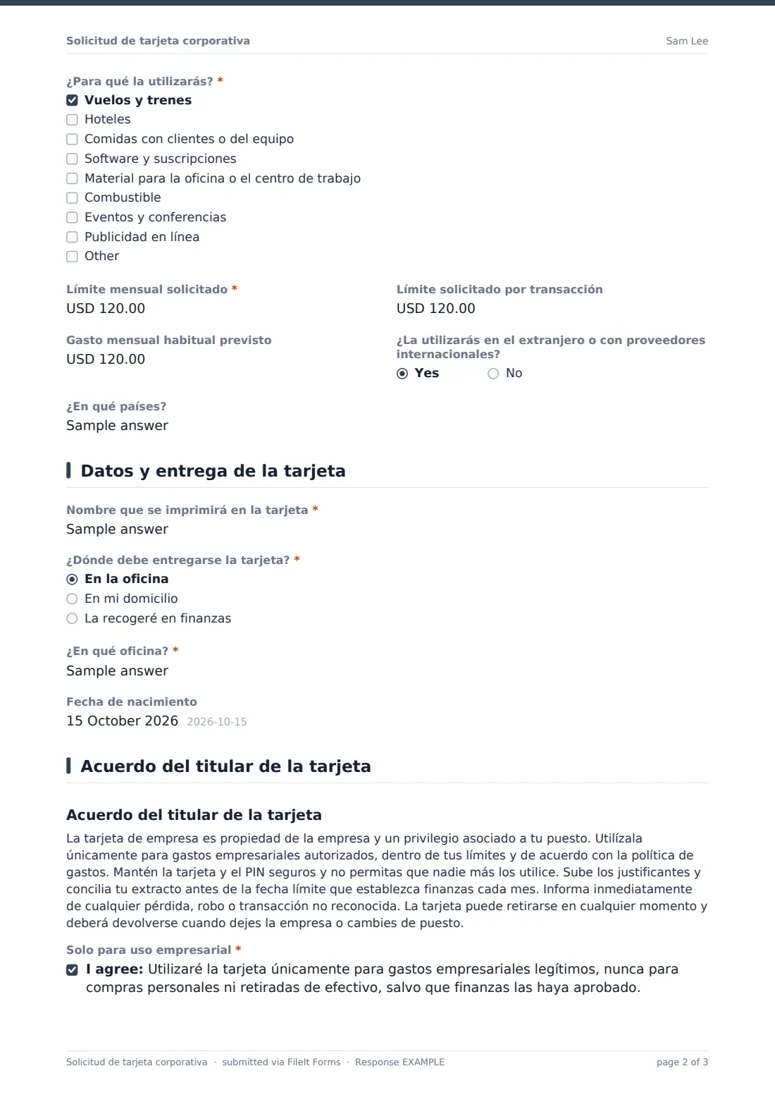 Solicitud de tarjeta corporativa — PDF de respuesta de ejemplo, página 2 de 3