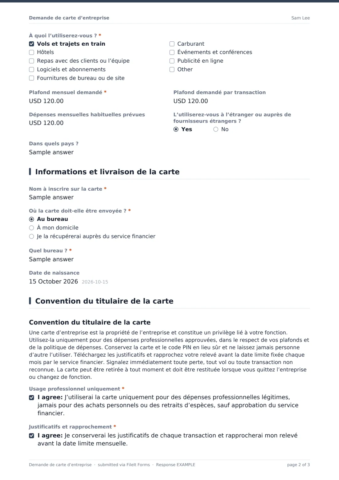 Demande de carte d’entreprise — exemple de réponse au format PDF, page 2 sur 3