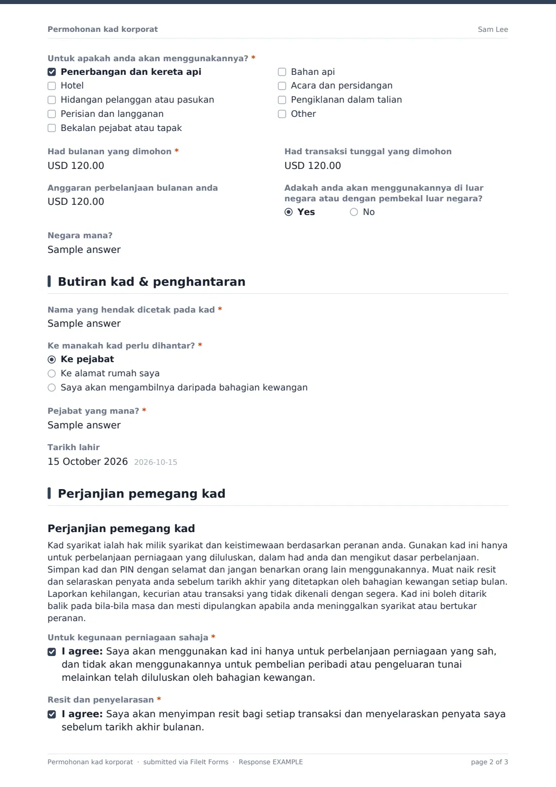 Permohonan kad korporat — PDF respons contoh, halaman 2 daripada 3