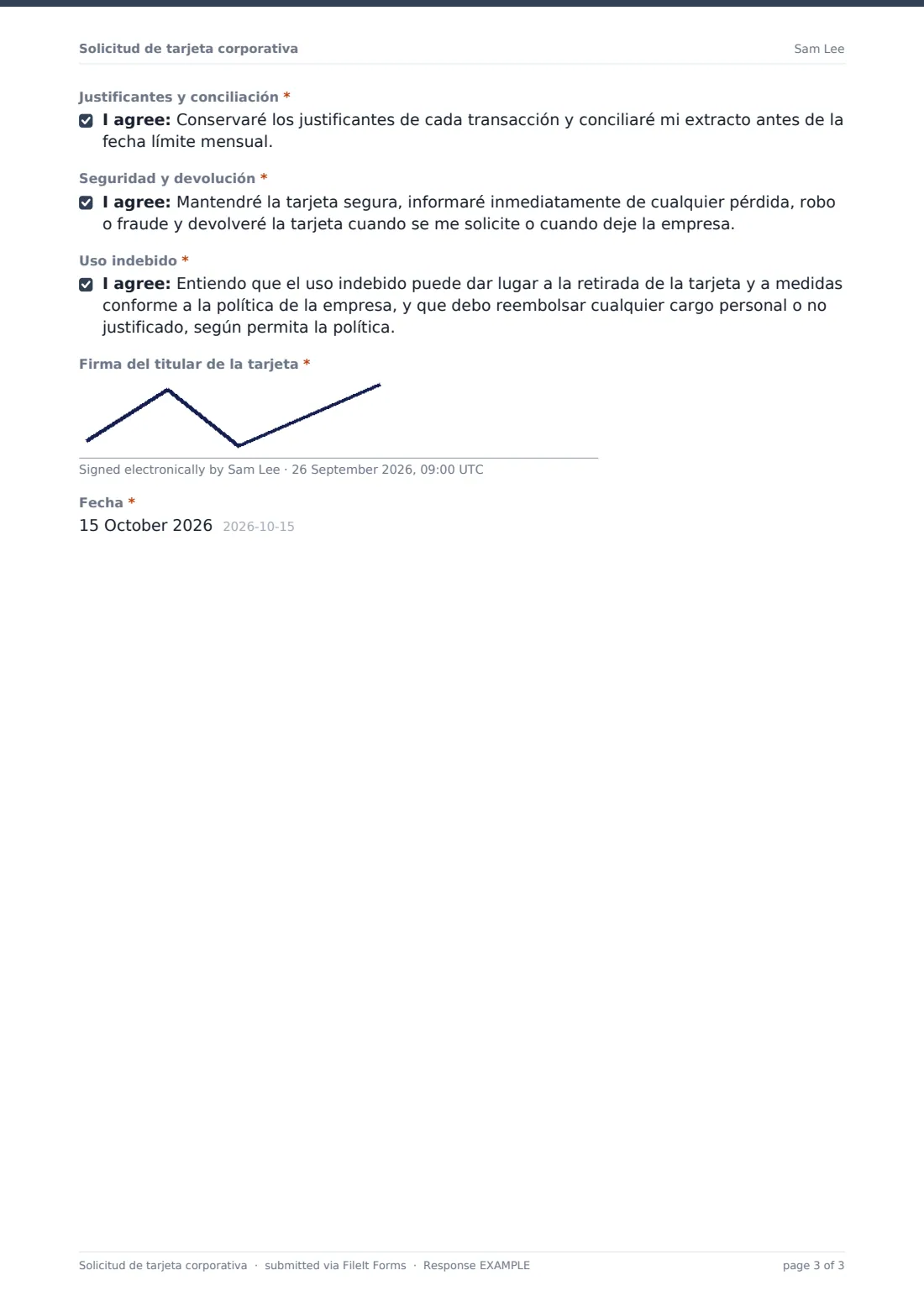 Solicitud de tarjeta corporativa — PDF de respuesta de ejemplo, página 3 de 3