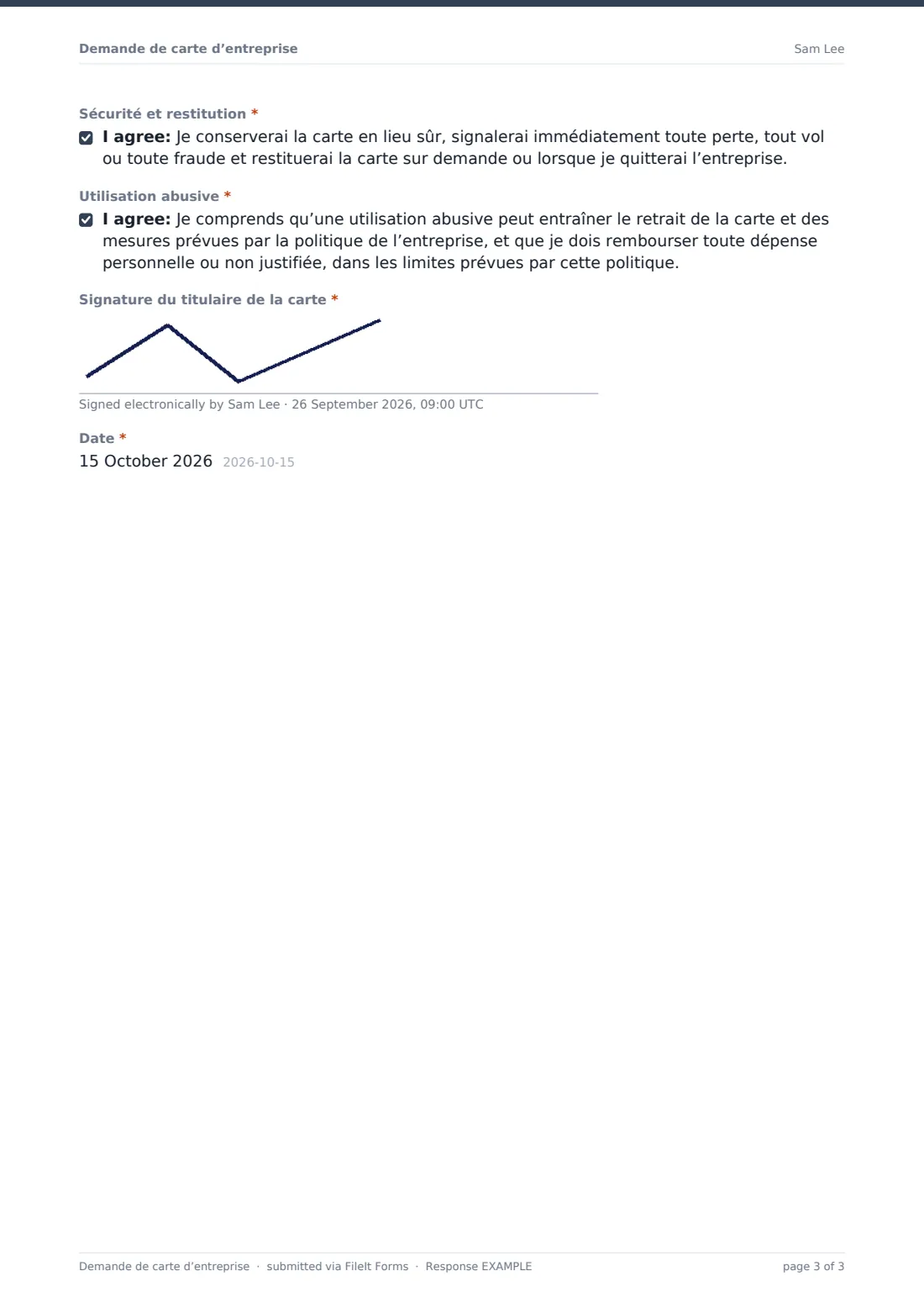 Demande de carte d’entreprise — exemple de réponse au format PDF, page 3 sur 3