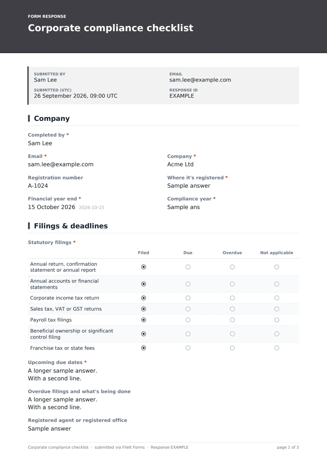 Corporate compliance checklist — example response PDF, page 1 of 3