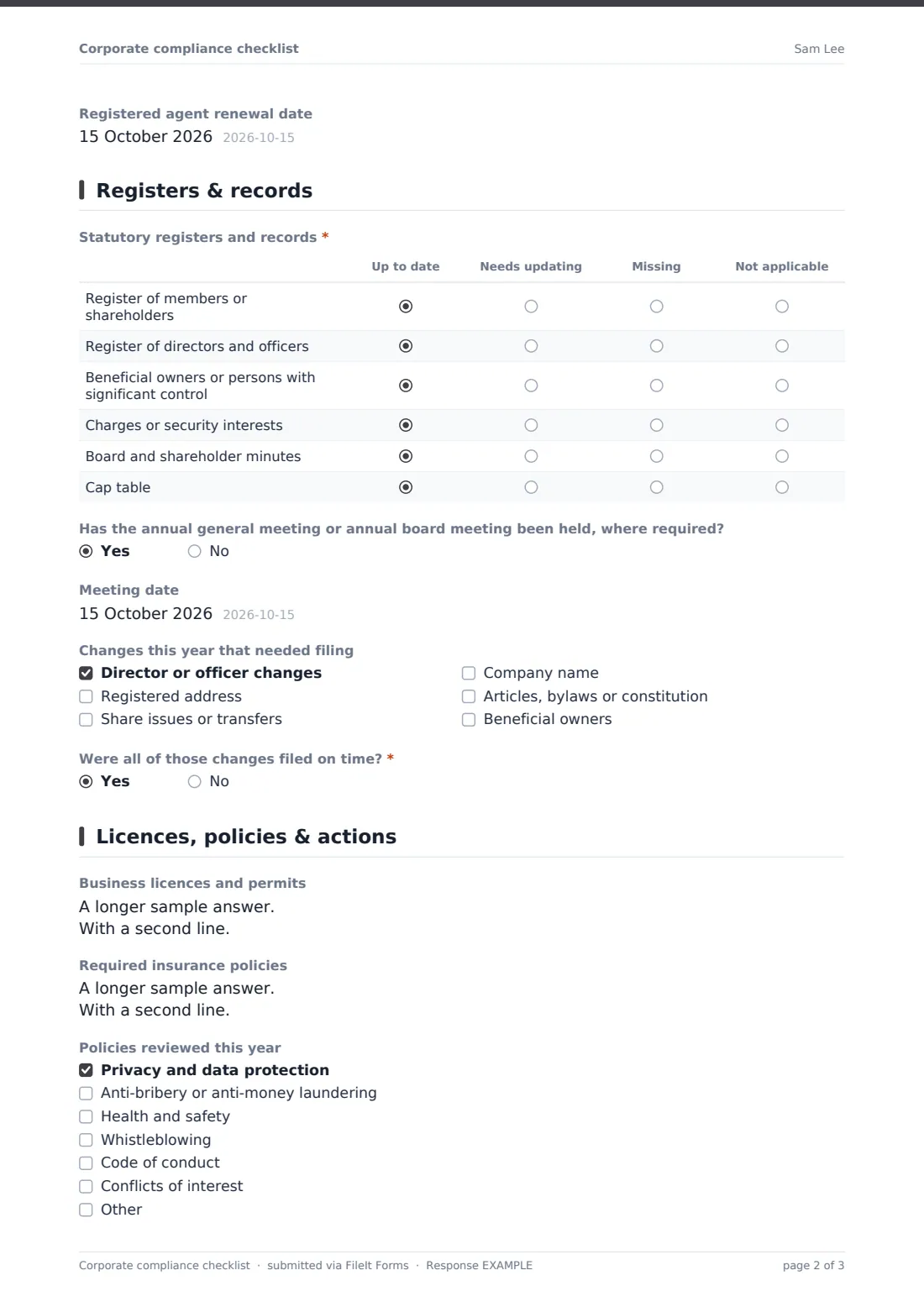 Corporate compliance checklist — example response PDF, page 2 of 3
