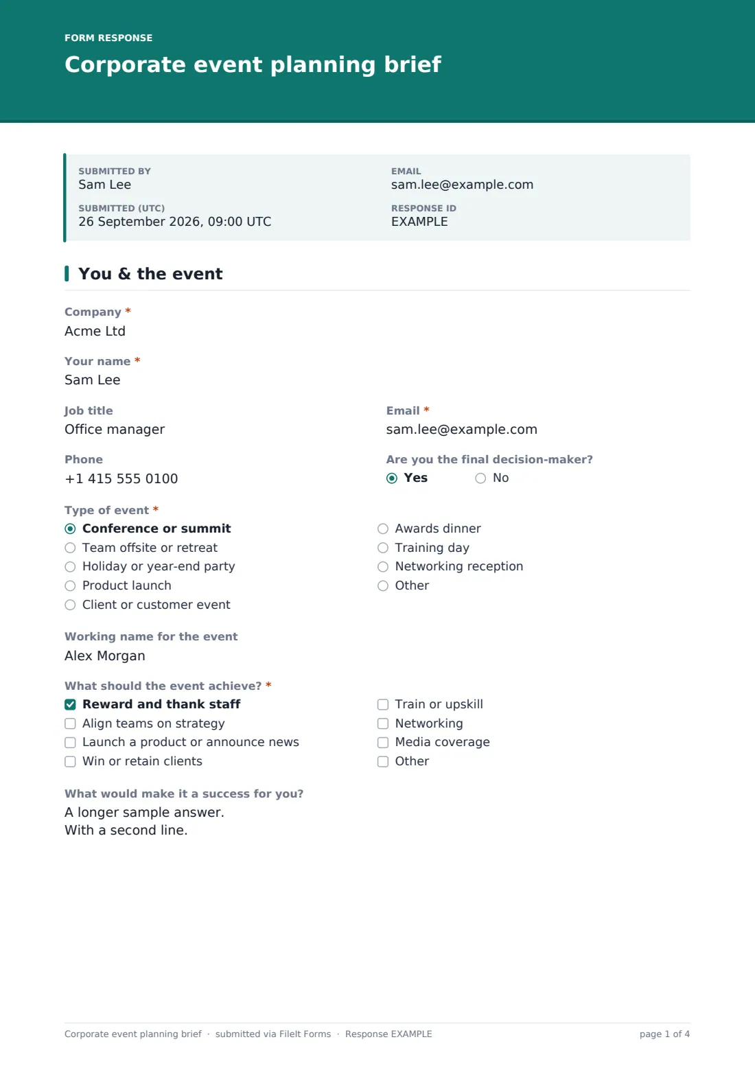 Corporate event planning brief — example response PDF, page 1 of 4