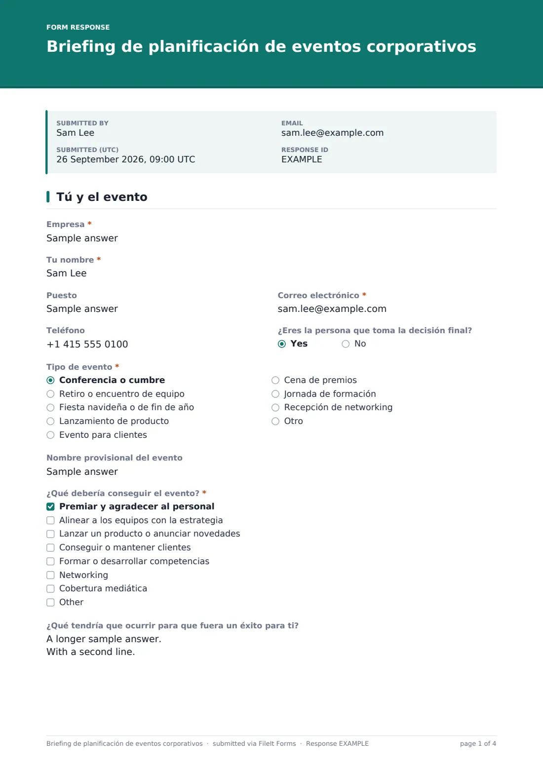 Briefing de planificación de eventos corporativos — PDF de respuesta de ejemplo, página 1 de 4