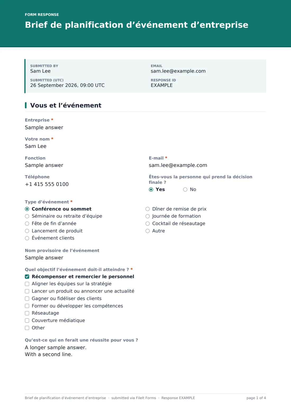 Brief de planification d’événement d’entreprise — exemple de réponse au format PDF, page 1 sur 4