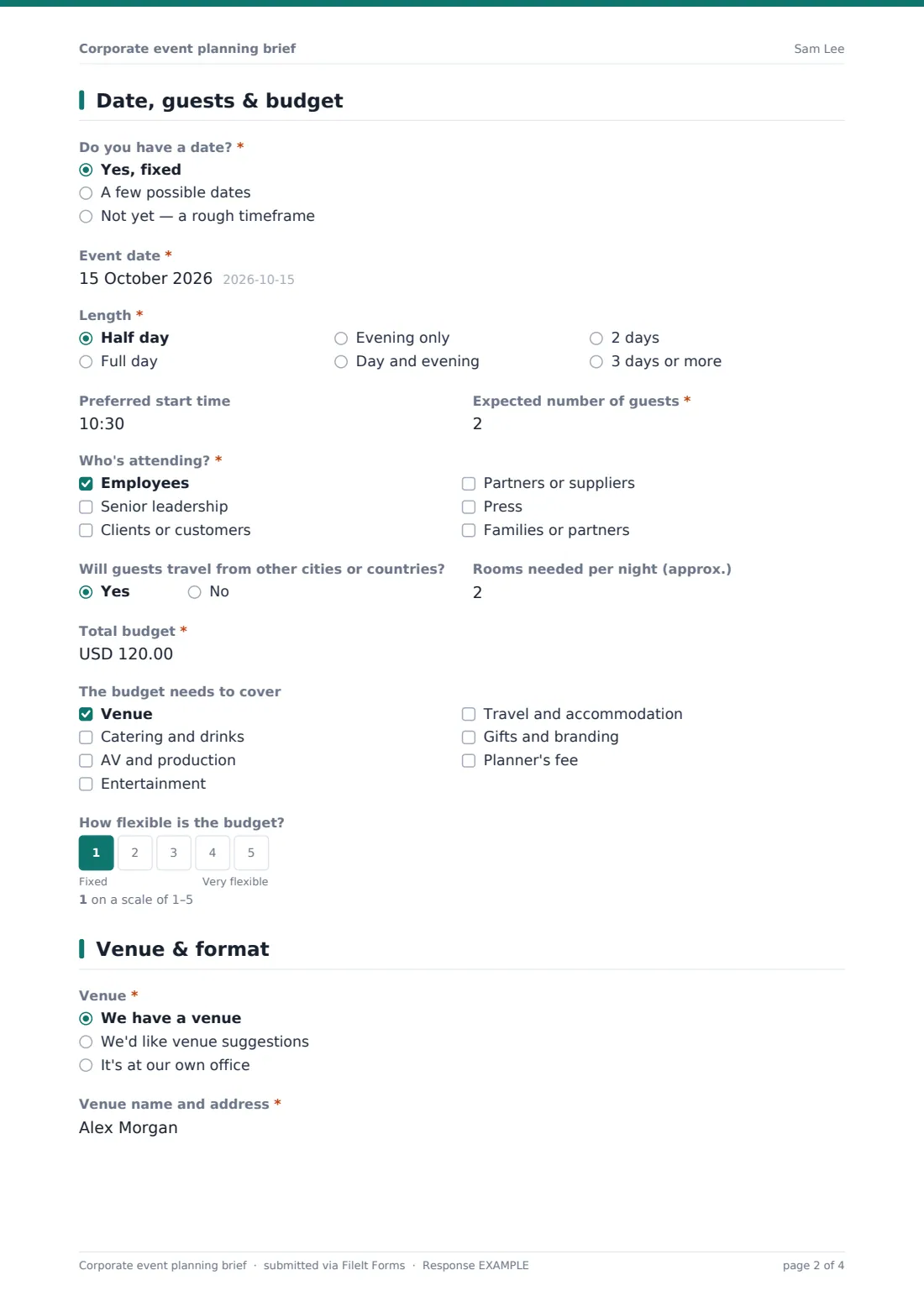 Corporate event planning brief — example response PDF, page 2 of 4