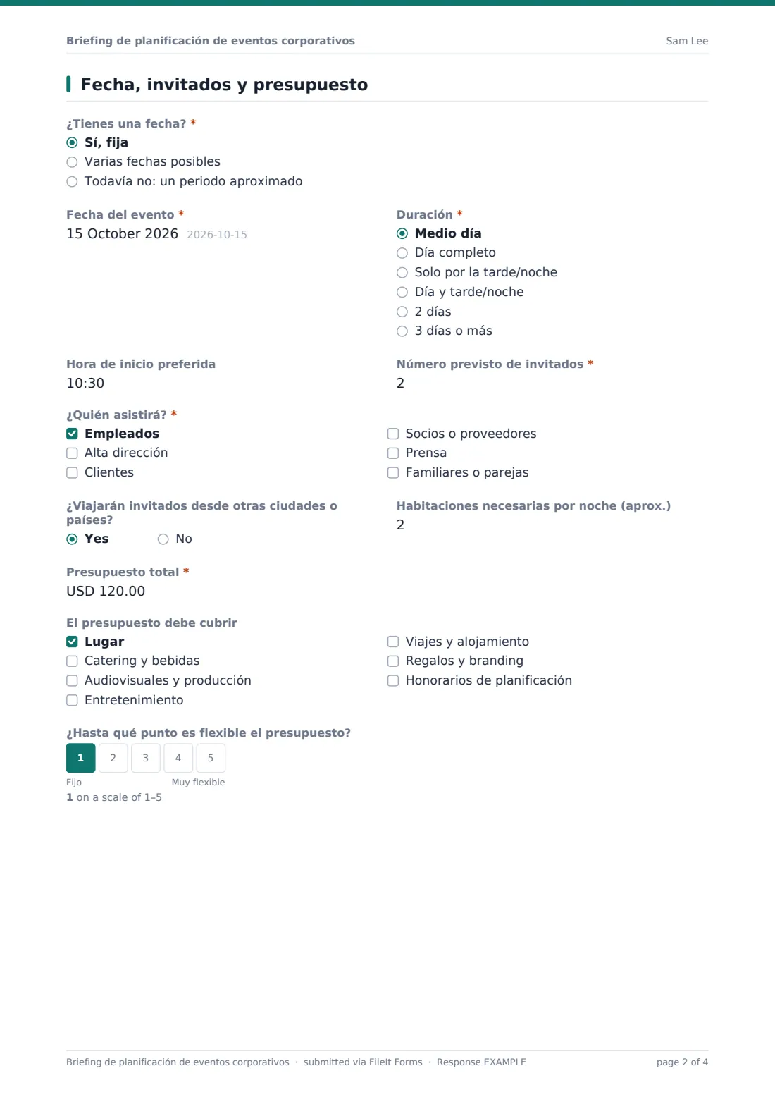 Briefing de planificación de eventos corporativos — PDF de respuesta de ejemplo, página 2 de 4