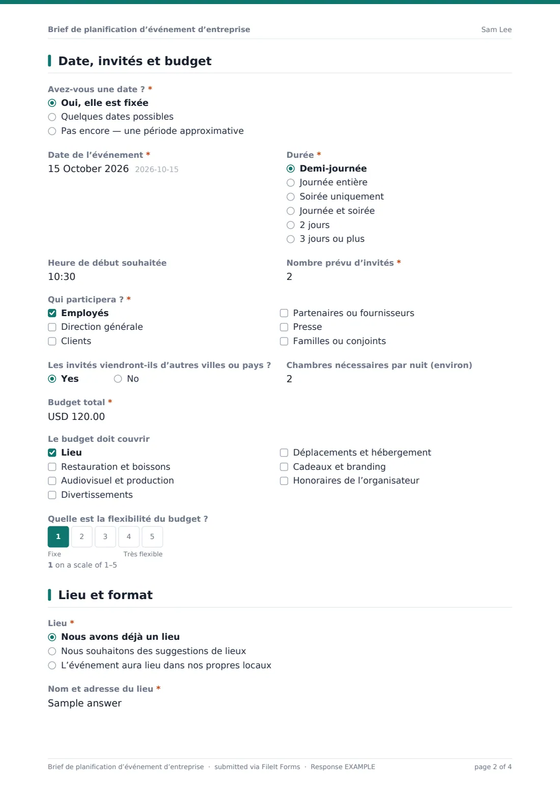 Brief de planification d’événement d’entreprise — exemple de réponse au format PDF, page 2 sur 4