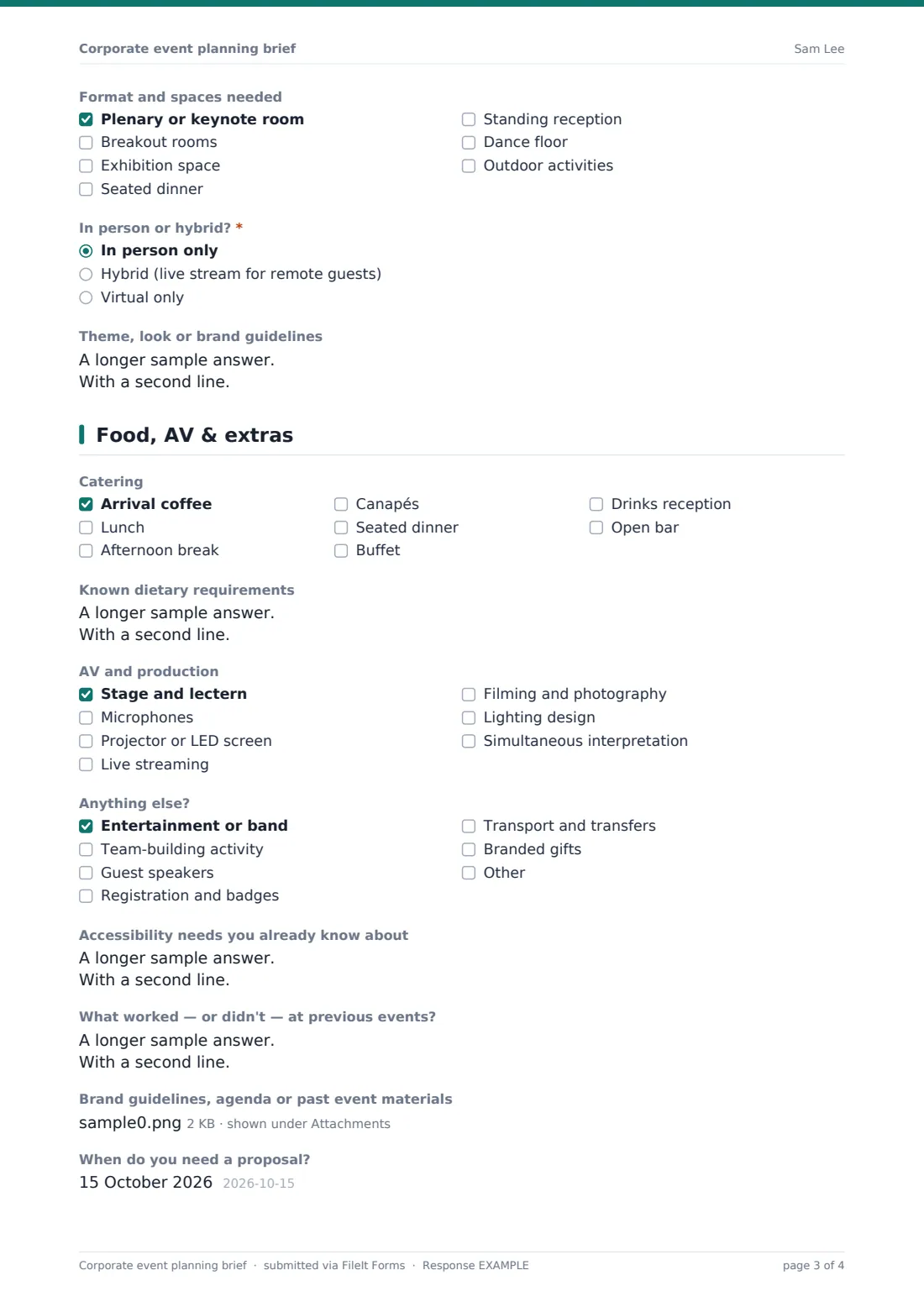 Corporate event planning brief — example response PDF, page 3 of 4