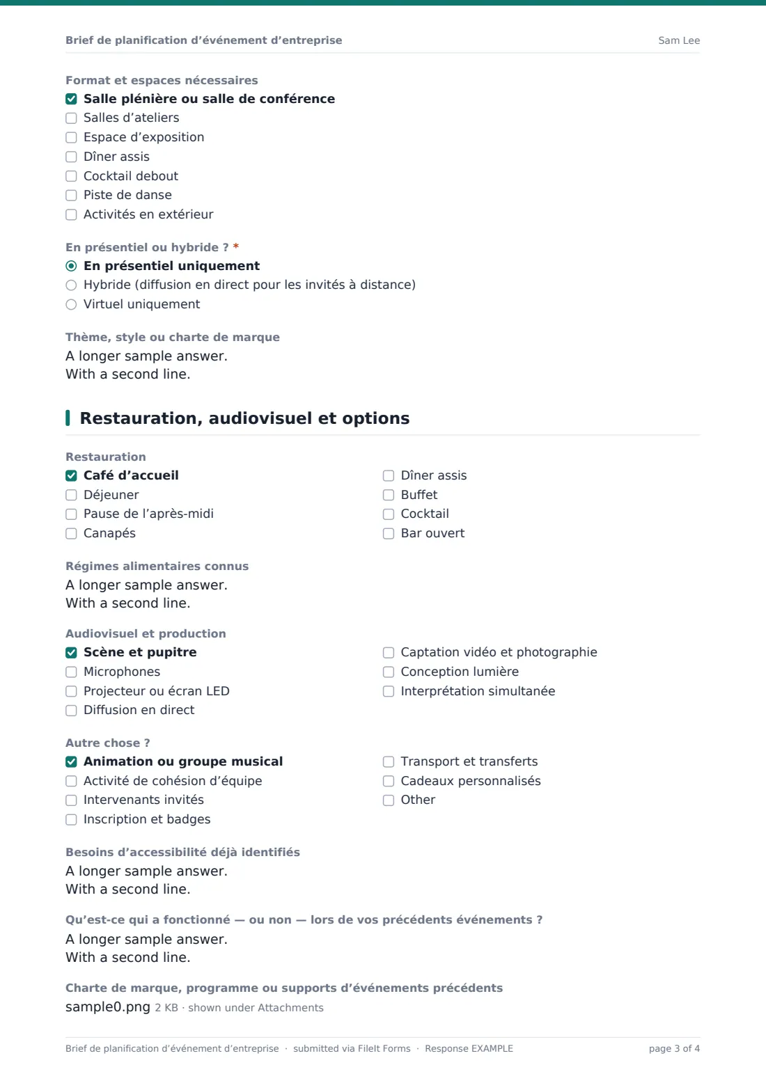 Brief de planification d’événement d’entreprise — exemple de réponse au format PDF, page 3 sur 4