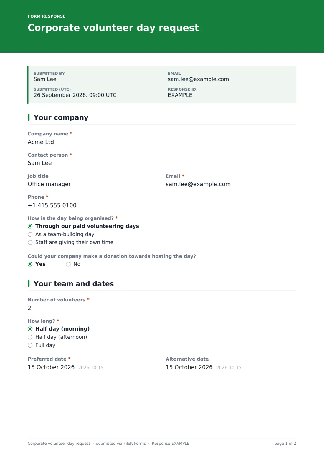 Corporate volunteer day request — example response PDF, page 1 of 2