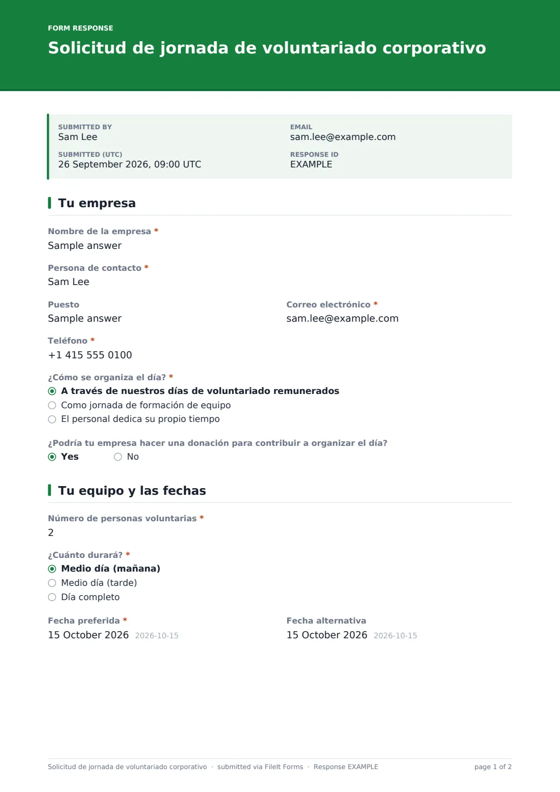 Solicitud de jornada de voluntariado corporativo — PDF de respuesta de ejemplo, página 1 de 2