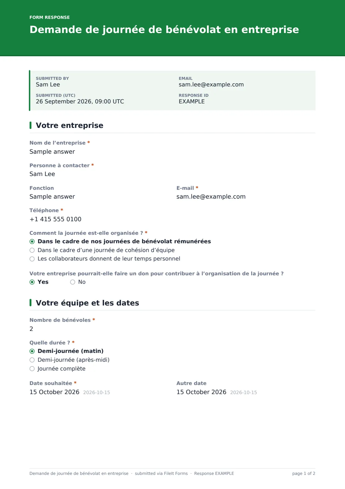 Demande de journée de bénévolat en entreprise — exemple de réponse au format PDF, page 1 sur 2