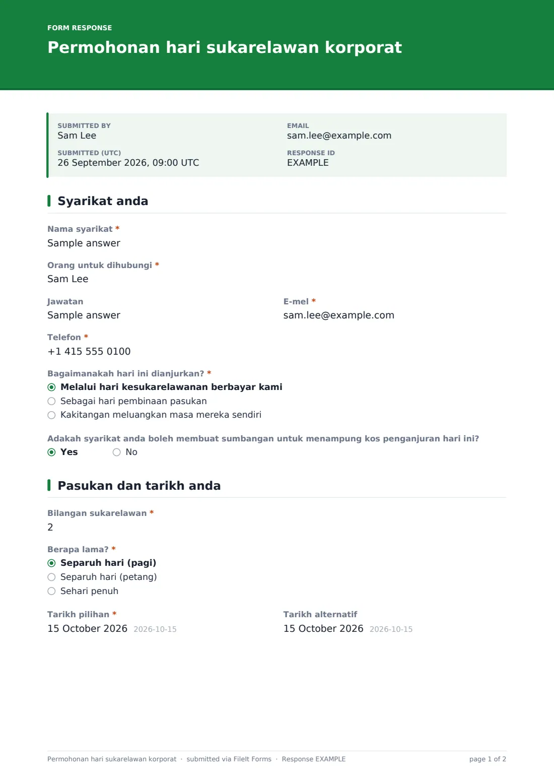 Permohonan hari sukarelawan korporat — PDF respons contoh, halaman 1 daripada 2