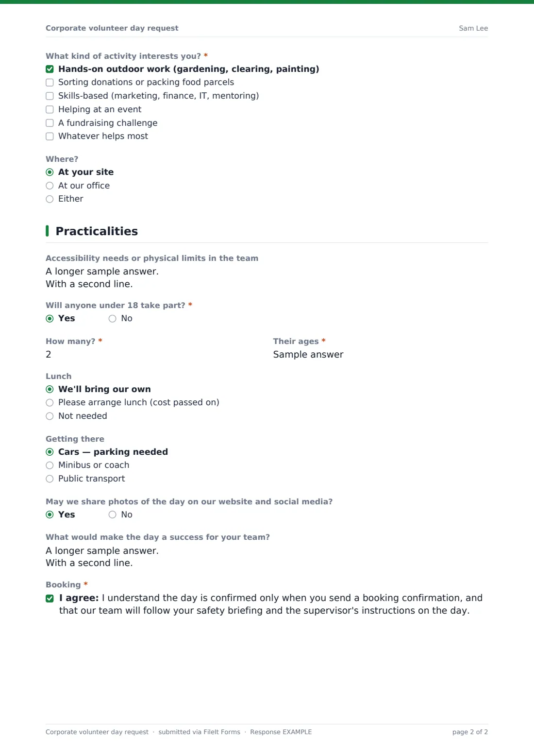 Corporate volunteer day request — example response PDF, page 2 of 2