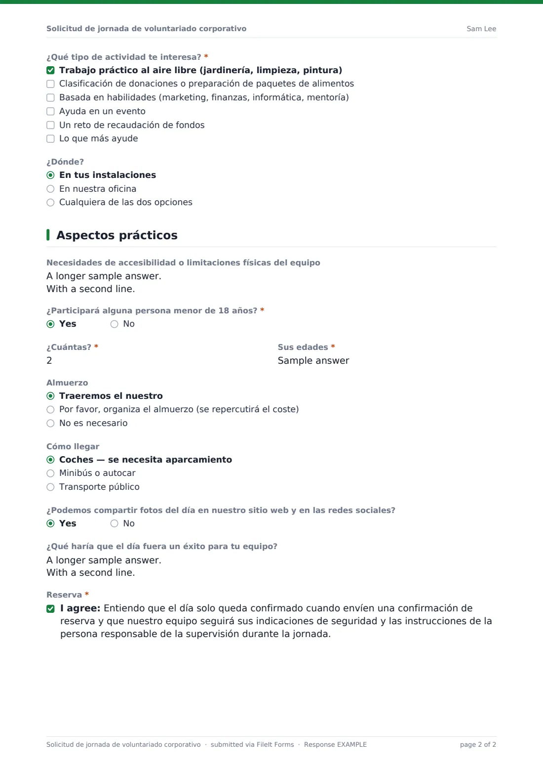 Solicitud de jornada de voluntariado corporativo — PDF de respuesta de ejemplo, página 2 de 2
