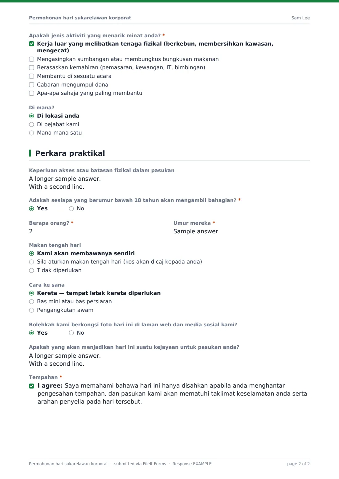 Permohonan hari sukarelawan korporat — PDF respons contoh, halaman 2 daripada 2