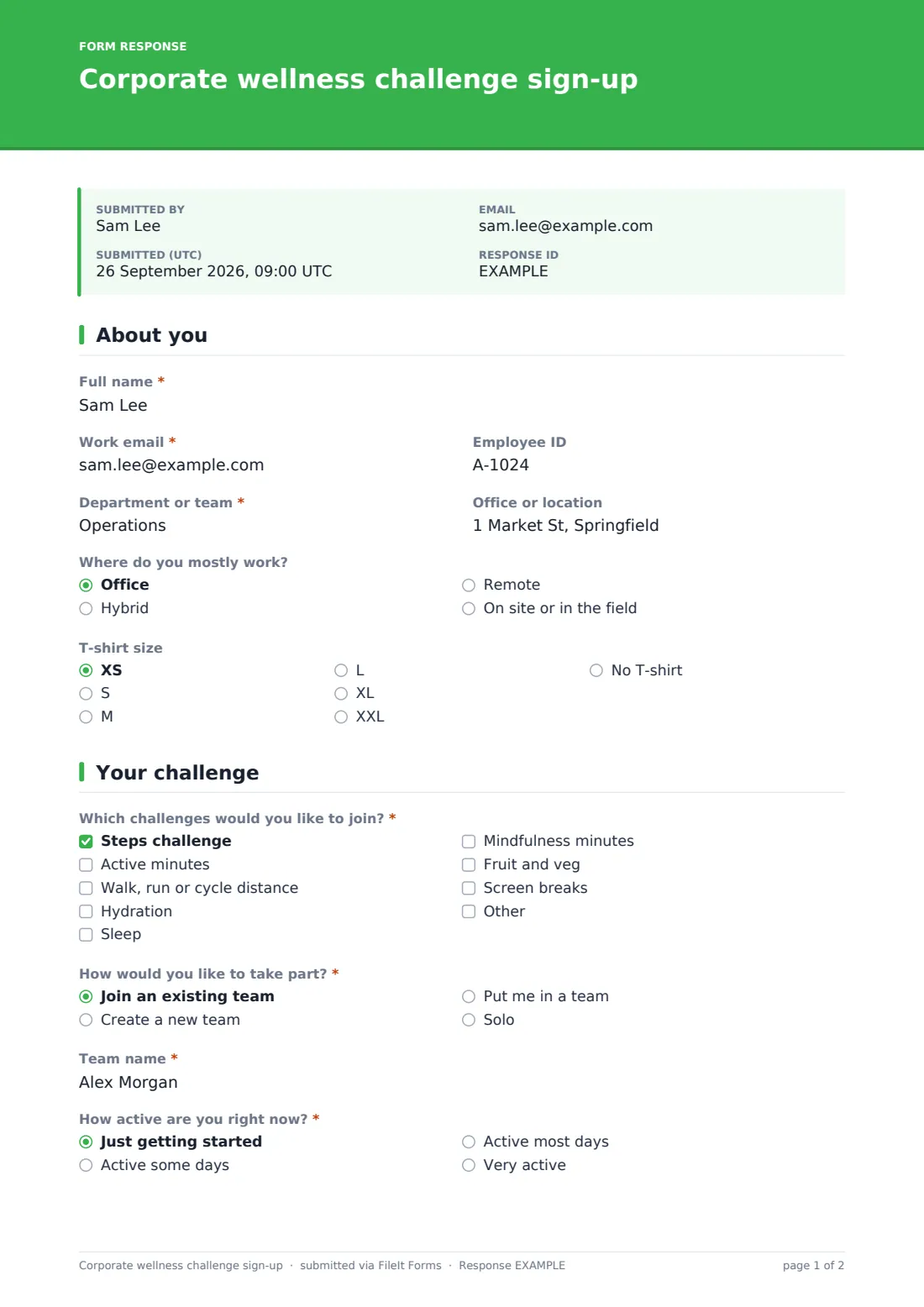 Corporate wellness challenge sign-up — example response PDF, page 1 of 2