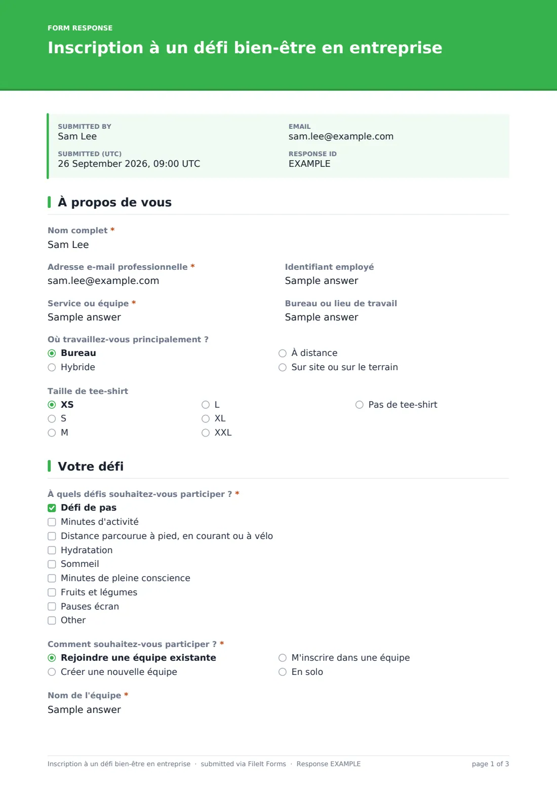 Inscription à un défi bien-être en entreprise — exemple de réponse au format PDF, page 1 sur 3