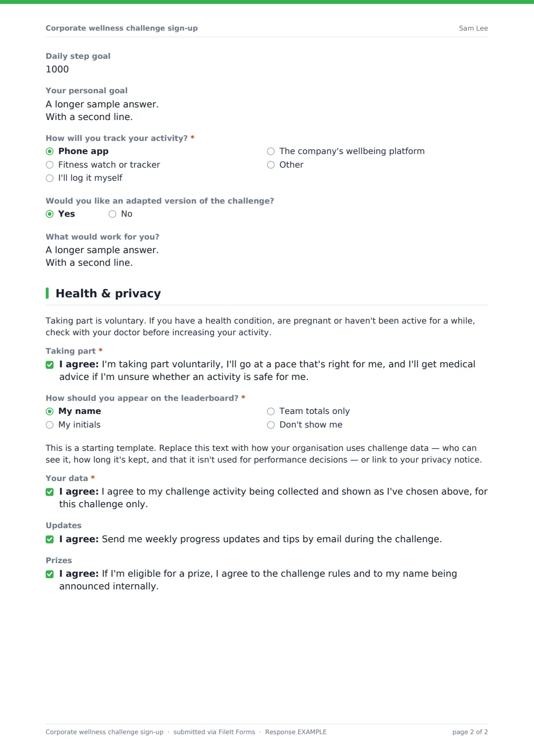 Corporate wellness challenge sign-up — example response PDF, page 2 of 2