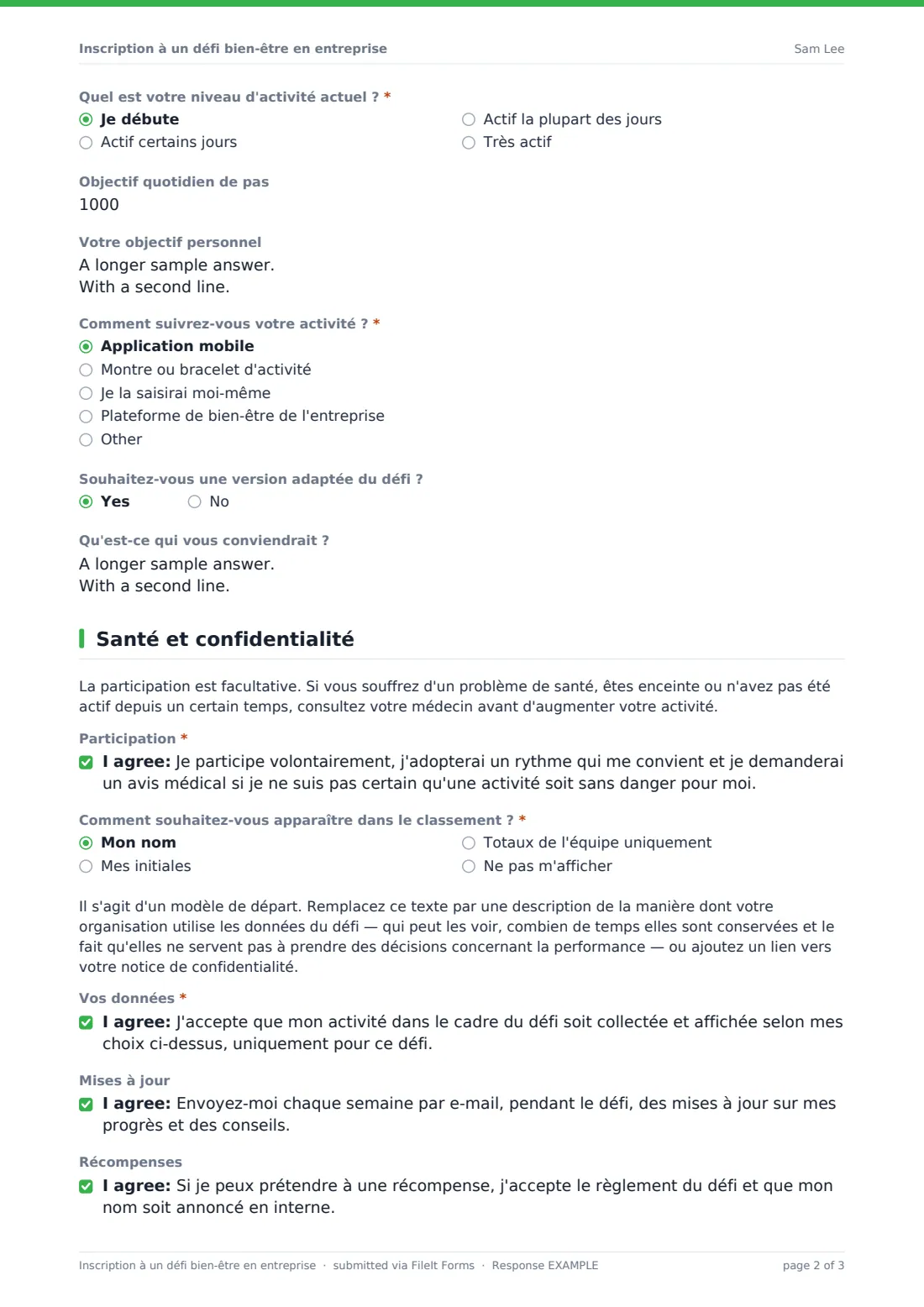 Inscription à un défi bien-être en entreprise — exemple de réponse au format PDF, page 2 sur 3