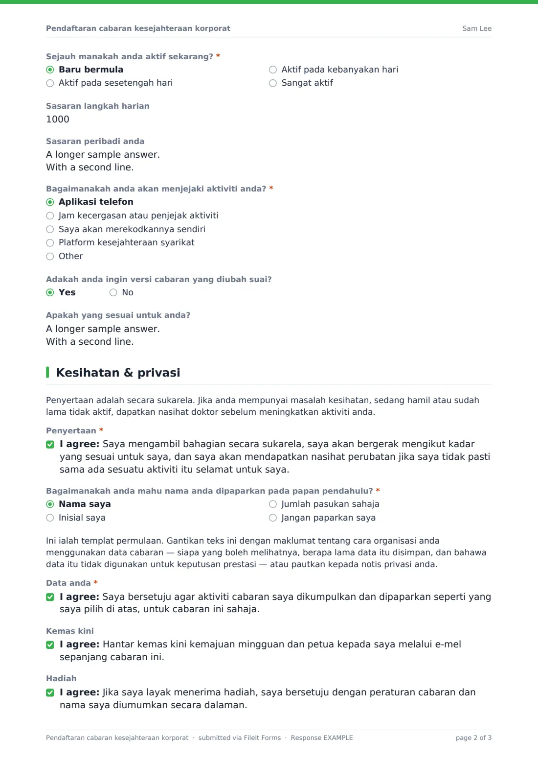 Pendaftaran cabaran kesejahteraan korporat — PDF respons contoh, halaman 2 daripada 3